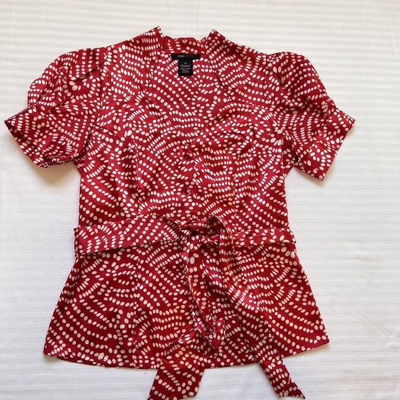 BCBG MAXAZRIA Sz XS Red/ White Satin Tie Sweetheart Neckline Polka Dot Blouse - Picture 1 of 11